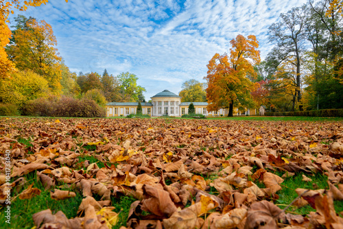 Spa architecture - colonnade of cold mineral water spring Ferdinand - autumn in the park of great spa town Marianske Lazne (Marienbad) in the western part of the Czech Republic (region Karlovy Vary)