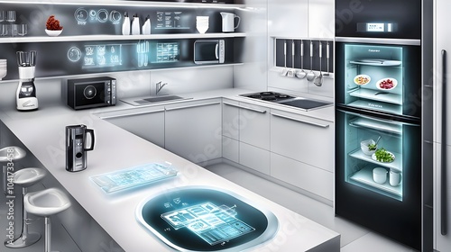 Innovative and futuristic modern kitchen showcasing floating transparent holograms that project detailed nutritional information and data for meals being prepared