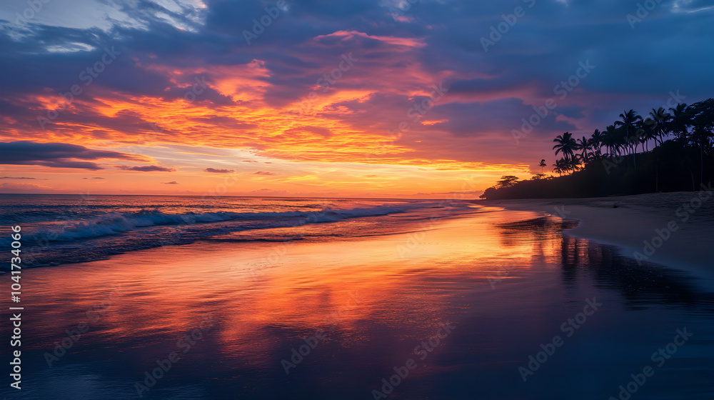 Vibrant sunset over tropical beach reflecting colorful sky and silhouetted palm trees along the shoreline at dusk Vibrant sunset over tropical beach reflecting colorful sky and silhouetted palm trees along the shoreline at dusk