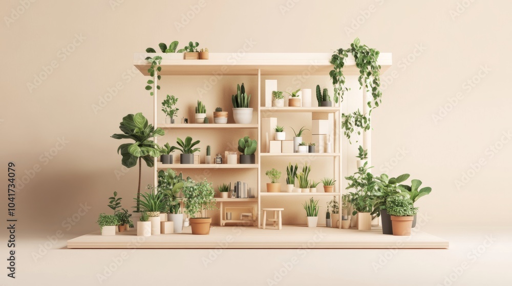Isometric cutaway of a modern room, blending potted plants with wooden shelving in a cozy Scandinavian design Isometric cutaway of a modern room, blending potted plants with wooden shelving in a cozy Scandinavian design
