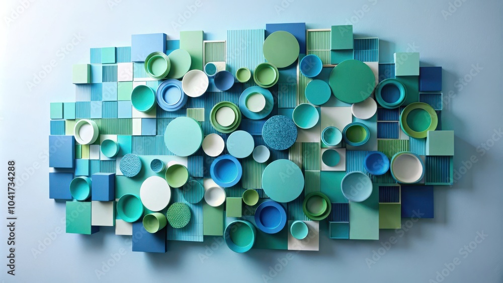 Fototapeta premium A vibrant abstract composition featuring various shades of blue and green in a playful geometric arrangement.