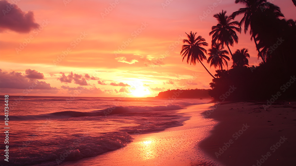 Serene sunset over a tropical beach with palm trees reflecting in the calm ocean waters during a tranquil evening Serene sunset over a tropical beach with palm trees reflecting in the calm ocean waters during a tranquil evening