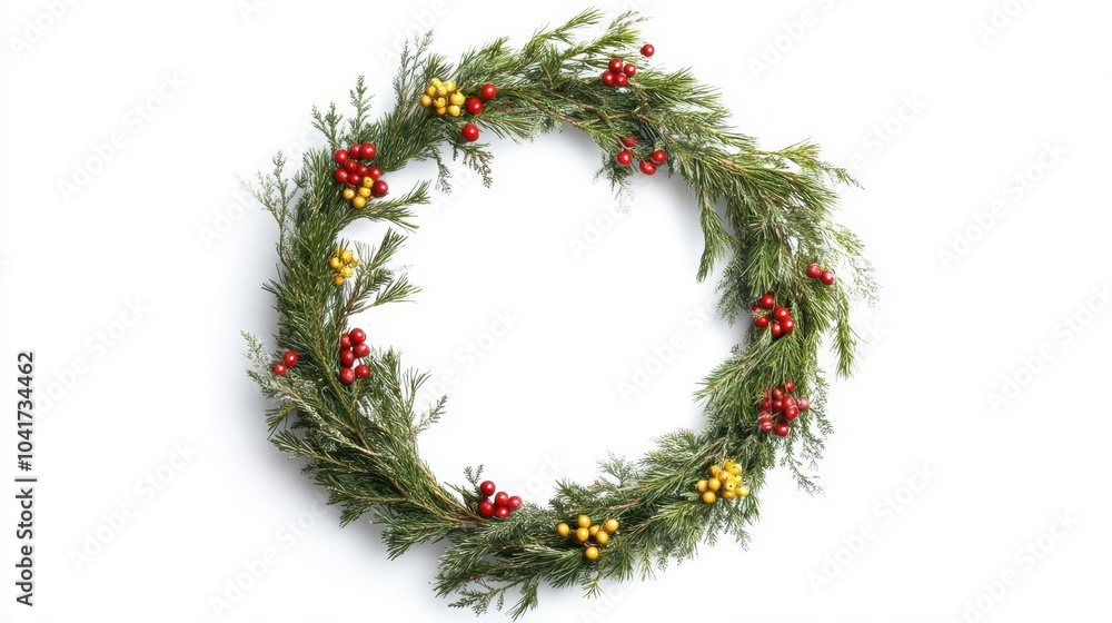 Christmas wreath frame with evergreen fir branches and red and yellow berries isolated on a white background, creating a festive holiday visual, captured using an SLR camera. Christmas wreath frame with evergreen fir branches and red and yellow berries isolated on a white background, creating a festive holiday visual, captured using an SLR camera.