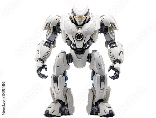 a white robot with black and blue parts