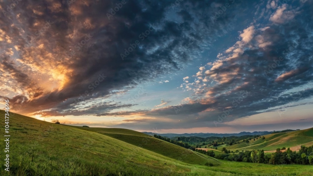 Fototapeta premium A panoramic view of rolling hills under a dynamic sky