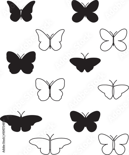 Butterfly continuous line drawing elements set isolated on white background, butterflies design, butterfly drawing. photo