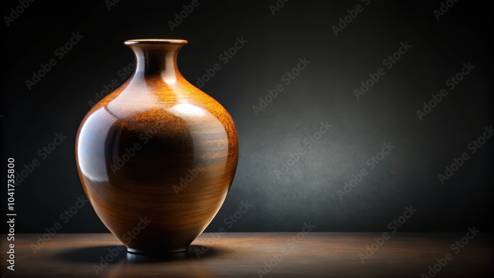 A ceramic vase with a dark brown glossy finish sits on a wooden surface against a dark backdrop. A ceramic vase with a dark brown glossy finish sits on a wooden surface against a dark backdrop.