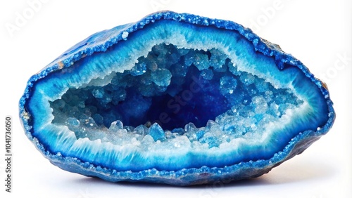 blue geode stone with crystals on white backdrop Close-Up