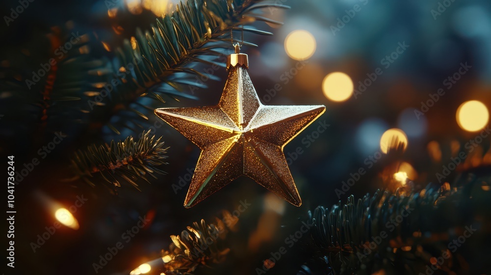 Golden star ornament crowning a Christmas tree, glowing in a dimly lit scene, creating a glamorous magazine aesthetic, captured with volumetric lighting. Golden star ornament crowning a Christmas tree, glowing in a dimly lit scene, creating a glamorous magazine aesthetic, captured with volumetric lighting.