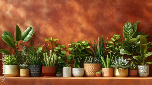 Green Plants in Pots on a Brown Wall