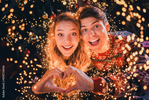 Photo of pretty young couple show heart symbol dressed christmas garment tradition atmosphere decor house indoors room