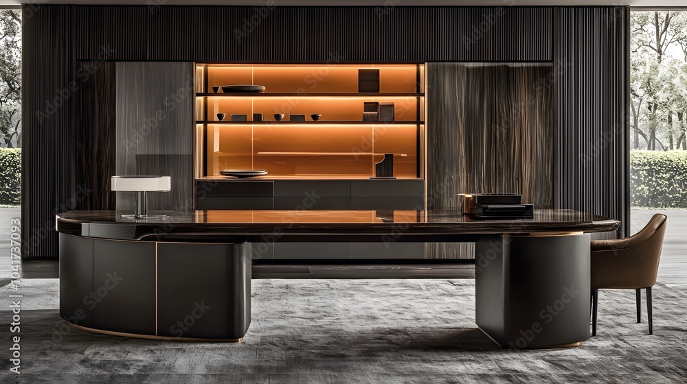 Photograph of a meticulously designed home office featuring a sleek desk minimalist decor and a laptop computer creating a stylish and functional workspace Photograph of a meticulously designed home office featuring a sleek desk minimalist decor and a laptop computer creating a stylish and functional workspace