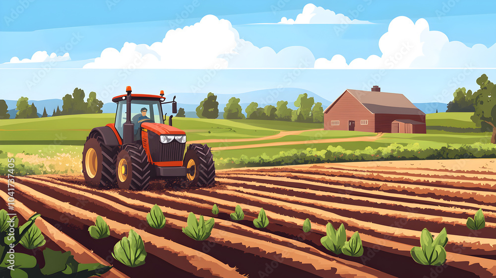 Fototapeta premium A farmer driving a tractor across a lush green field planting crops on a sunny day near a rural barn