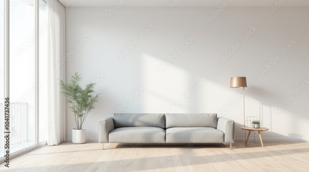 Fototapeta premium Modernes Wohnzimmer mit stilvoller, minimalistischer Einrichtung und gemütlichen Sofa