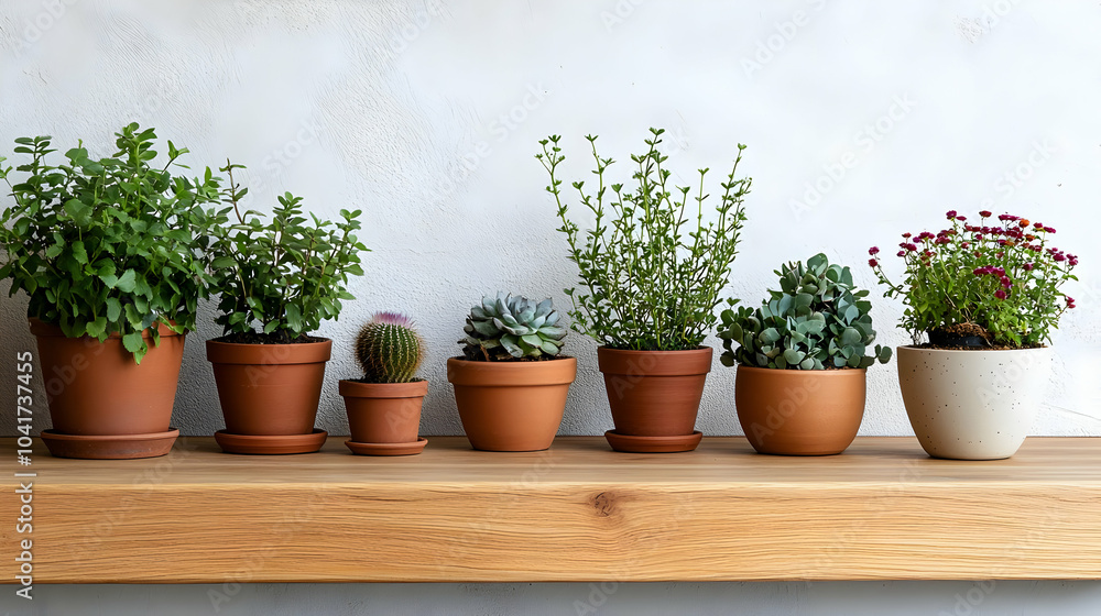 Succulents, Cactus, and Plants on a Wooden Shelf Succulents, Cactus, and Plants on a Wooden Shelf