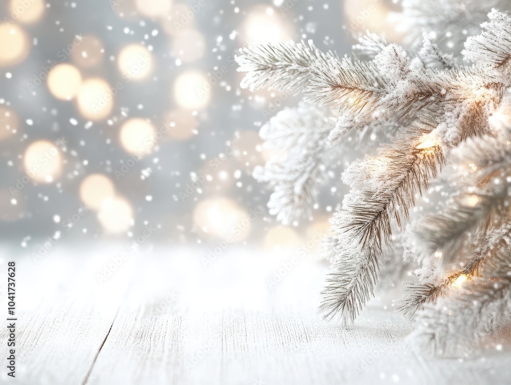 Christmas and New Year background with fir branches and snowfall on a white wooden board. 8K photograph captured for a glamorous magazine with volumetric light. Christmas and New Year background with fir branches and snowfall on a white wooden board. 8K photograph captured for a glamorous magazine with volumetric light.