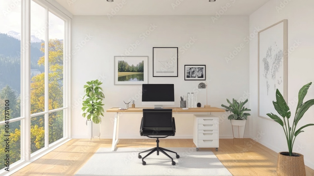 Fototapeta premium Modern Minimalist Home Office Design with Nature View