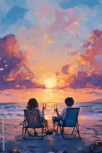 Illustration of boy and girl sitting on beach chairs