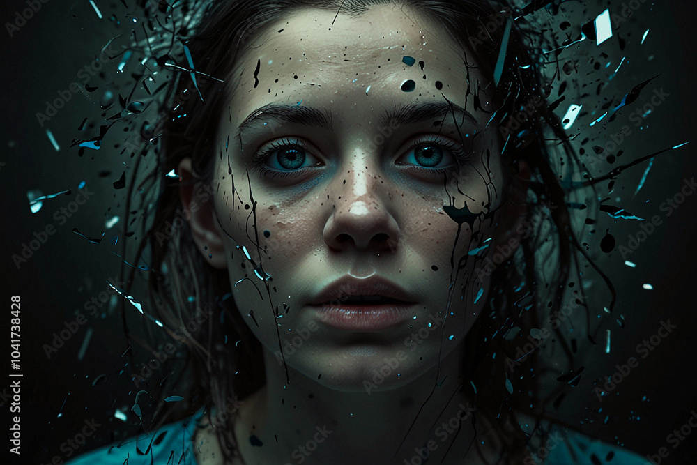 A Fractured Mind: A Surreal Depiction of Anxiety, Where a Person's Face is Scattered and Distorted Like Broken Glass, Reflecting the Chaotic Inner World of Those Struggling with Mental Health A Fractured Mind: A Surreal Depiction of Anxiety, Where a Person's Face is Scattered and Distorted Like Broken Glass, Reflecting the Chaotic Inner World of Those Struggling with Mental Health