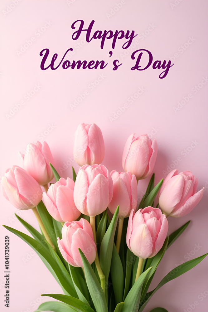Fototapeta premium Happy Women's Day Postcard with Pink Tulips on a Soft Pink Background