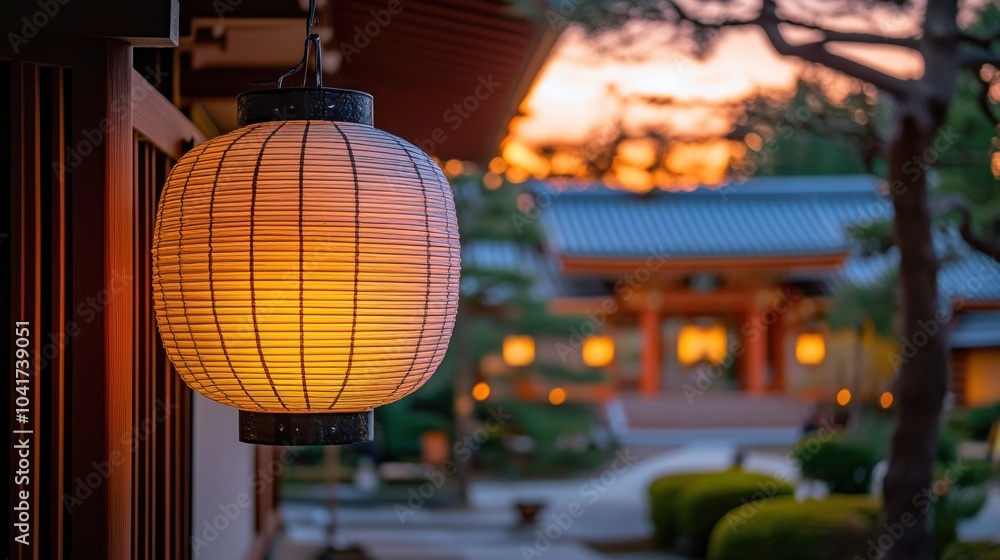 Traditional Japanese lantern in front of a temple entrance Traditional Japanese lantern in front of a temple entrance
