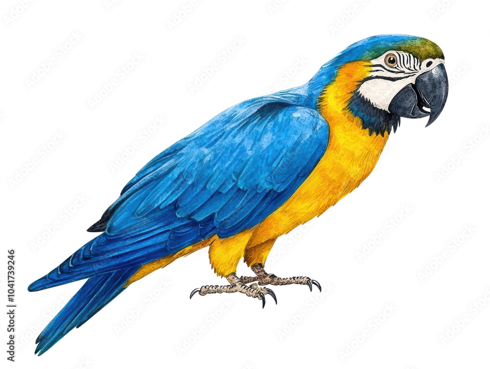 Fototapeta premium A vibrant blue and yellow parrot perched , showcasing its striking plumage and distinctive features.