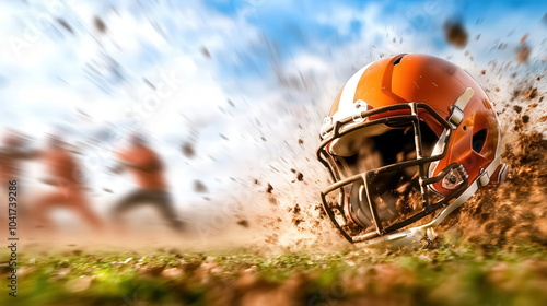 football helmet knocked off during intense game, capturing action