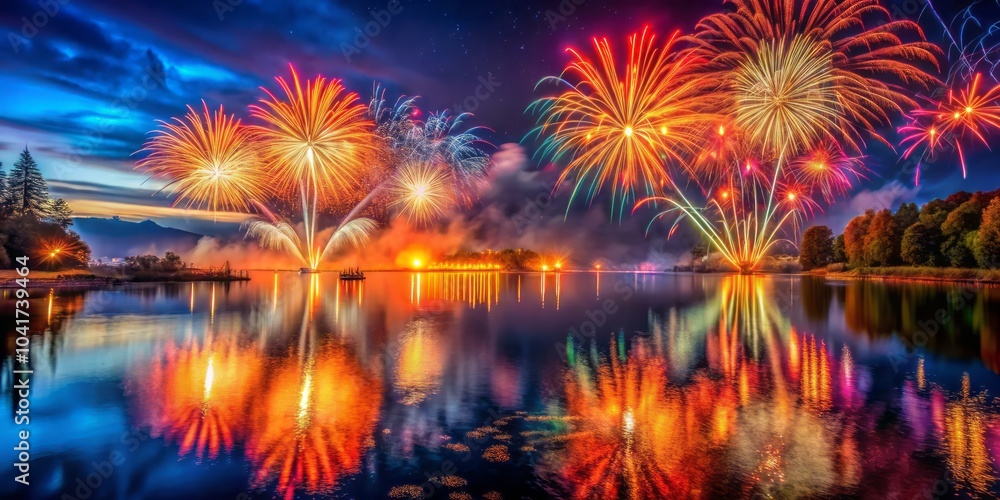Obraz premium Fiery Bursts of Colorful Pyrotechnics Lighting Up the Night Sky Over a Picturesque Landscape Scene