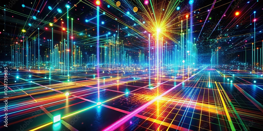 Abstract Virtual Space with Neon Data Movement and Network Connections Abstract Virtual Space with Neon Data Movement and Network Connections