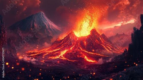 Erupting Volcano with Lava Flow and Dramatic Sky