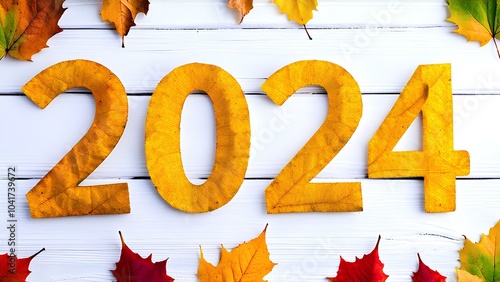 Numbers 2024 made of autumn leaves. Year 2024.