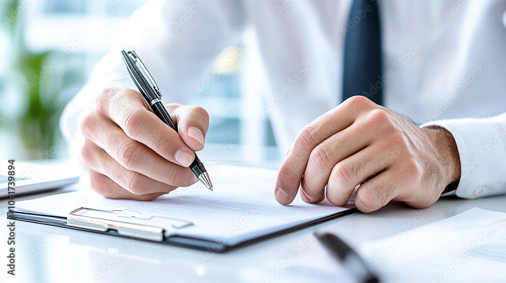 A businessman writes on paper at the table. A businessman writes on paper at the table.