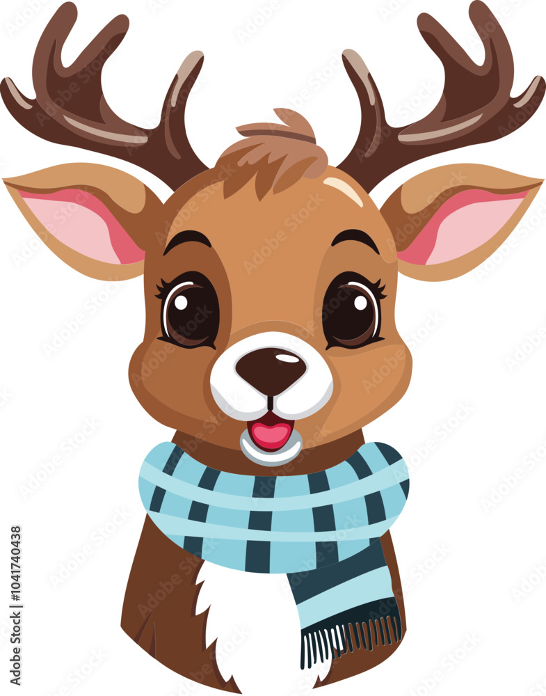 Fototapeta premium Cute Cartoon Reindeer Wearing Blue Checkered Scarf Vector Illustration.