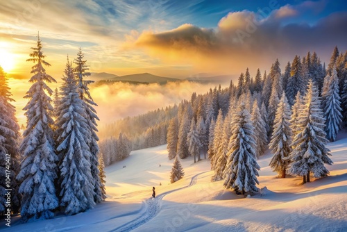 Serene Ski Slope Curving Through Lush Forest Under Bright Blue Sky on a Clear Winter Day