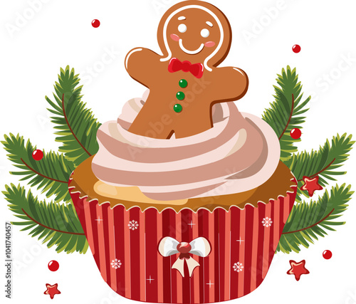 Delicious Gingerbread Cupcake and Fir Leaves Element for Merry Christmas Festival.