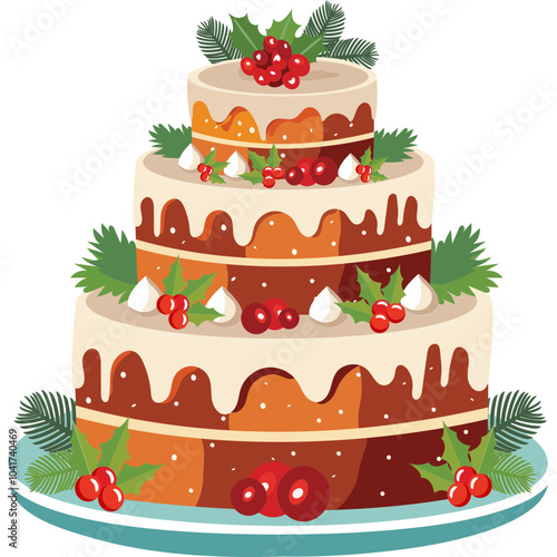Yummy Three Layer Christmas Cake Decoration with Holly Berries and Orange Slice Vector Illustration.