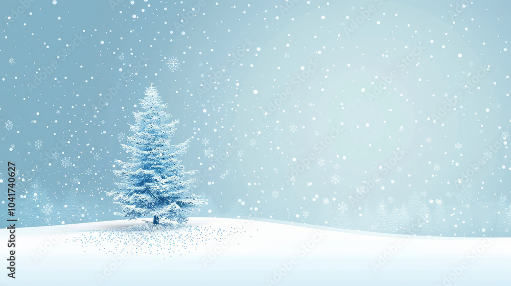Minimalistic light advertising Banner with Snow-Covered Pine Tree. Winter Landscape with Falling Snow Minimalistic light advertising Banner with Snow-Covered Pine Tree. Winter Landscape with Falling Snow