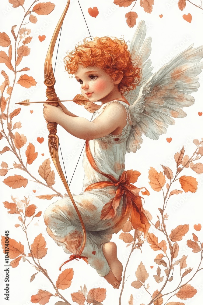 Fototapeta premium Cherubic child with curly hair as a winged angel holding a golden bow amidst autumn leaves and hearts.