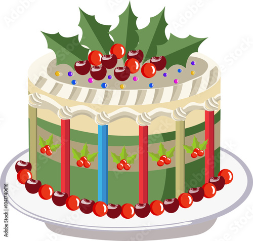 Decorative Holly Berry Cake Served on Plate Element for Merry Christmas Celebration.