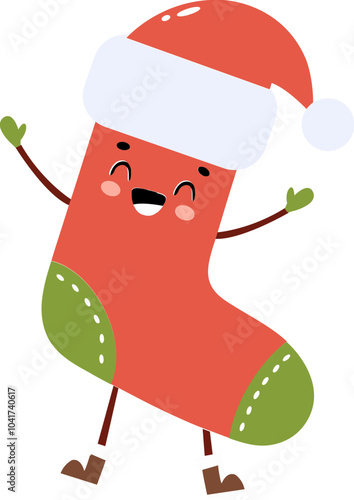 Cartoon Style Socks Wearing Santa Hat Element at Merry Christmas Festival.