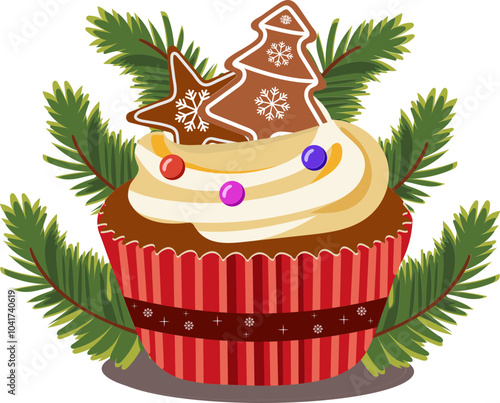 Gingerbread Cupcake and Fir Leaves Element for Merry Christmas Festival.