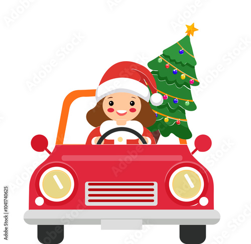 Little girl dressed as santa carrying christmas tree by taxi illustration.
