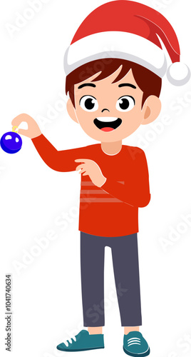 Cartoon Boy Character Holding Christmas Ball in Santa Hat Element.