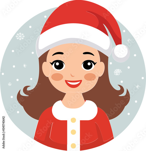 Cartoon Smiling Girl Character Wearing Santa Hat Element at Merry Christmas Festival.