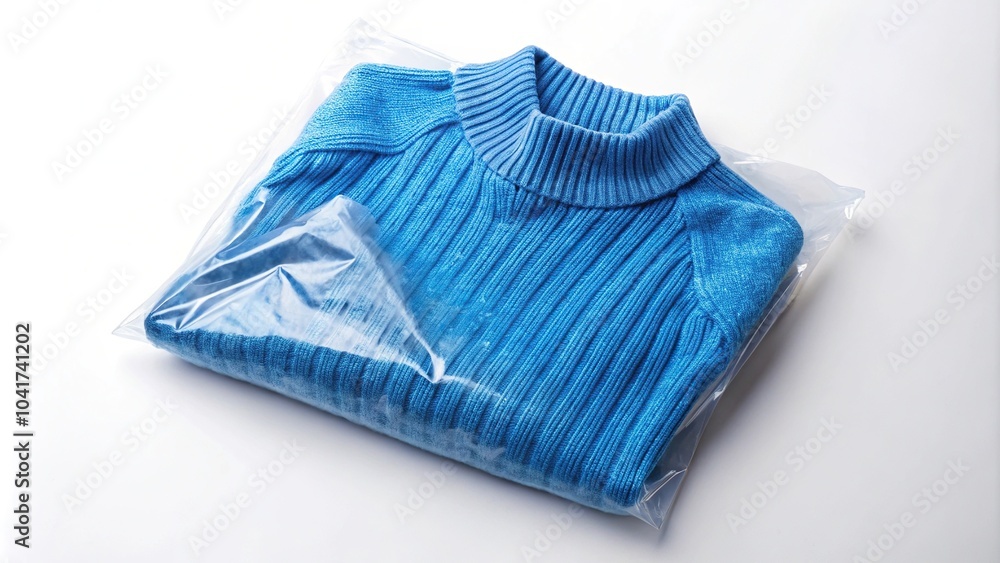 Blue jumper in white plastic mailing bag on white background Blue jumper in white plastic mailing bag on white background