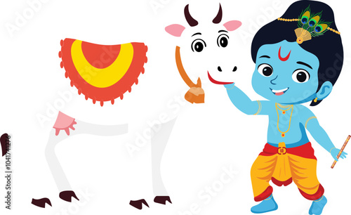 Child Incarnation of Lord Krishna Caressing a Cow Illustration for Happy Janmashtami Festival PNG.