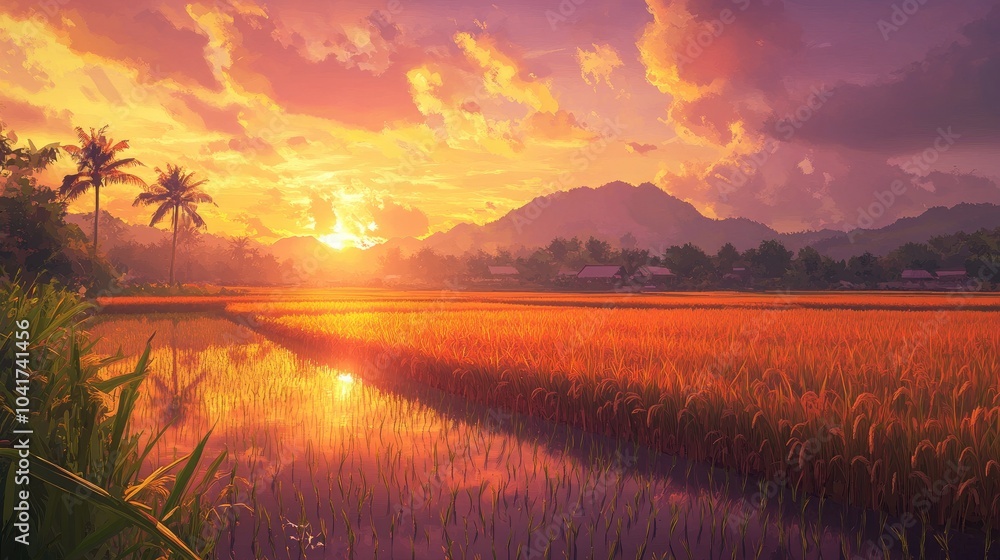 Serene Sunset Over Rice Fields and Mountains Serene Sunset Over Rice Fields and Mountains