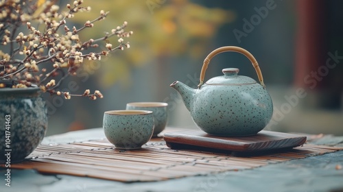 Traditional Japanese tea set with a teapot and cups, arranged on a bamboo mat