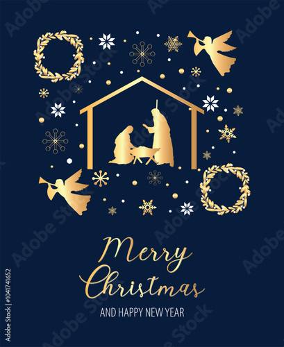 Holy Night. Christmas. Nativity Scene. Greeting card Merry Christmas and Happy New Year. Blue and gold. Vector graphics