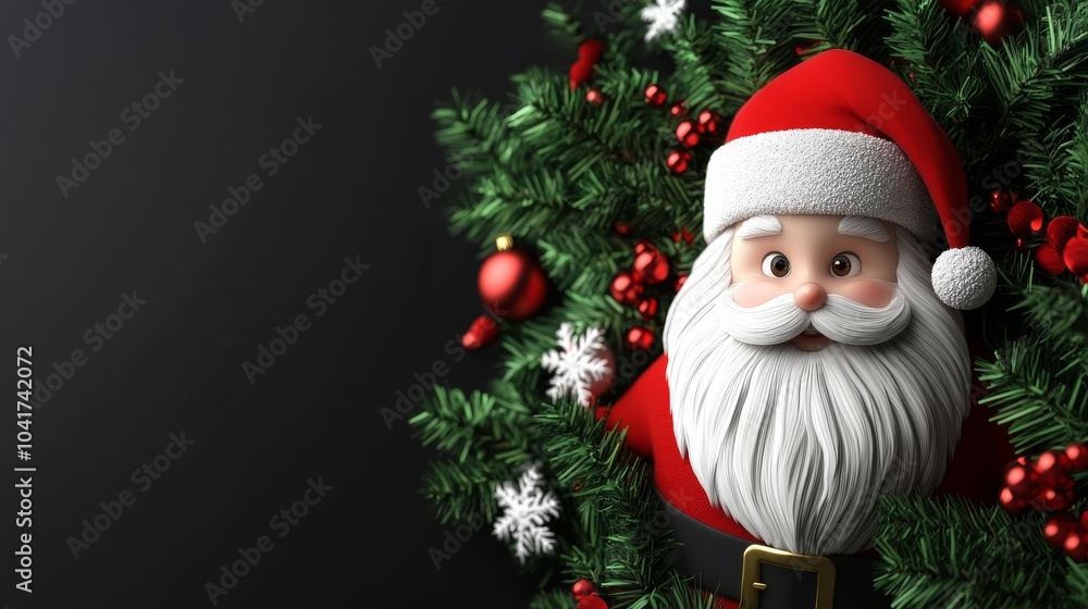 A cartoonish Santa Claus is sitting in a wreath of Christmas trees A cartoonish Santa Claus is sitting in a wreath of Christmas trees